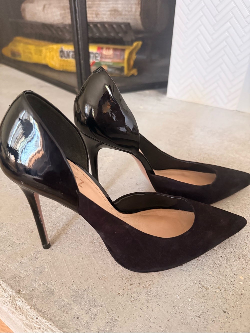 SCHUTZ Black Patent and Suede D'Orsay Pointed-Toe Heels